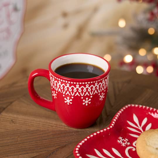 Melrose 4.75" Red & White Embossed Ceramic Snowflake Mugs, 6ct.